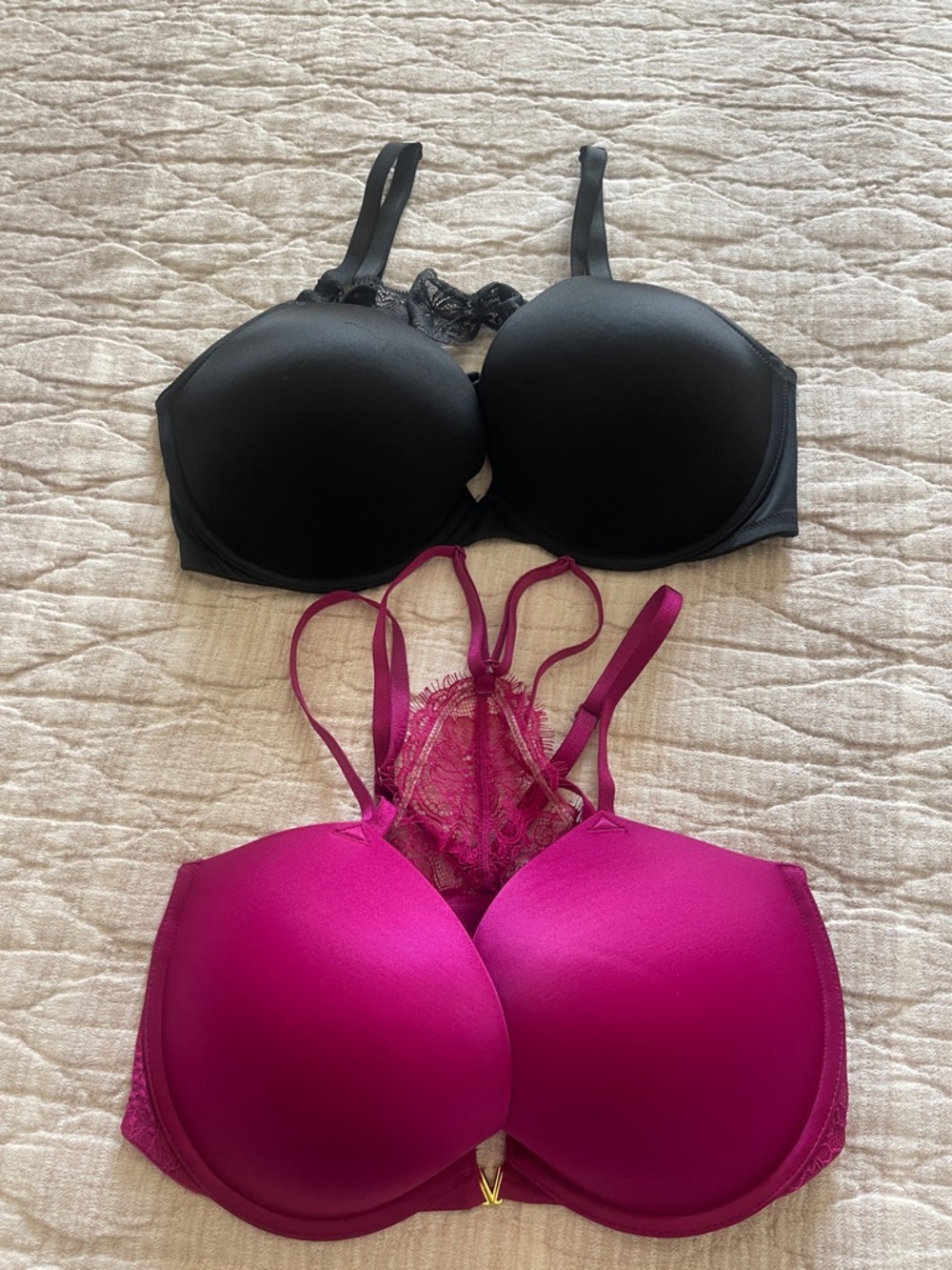 Victoria’s Secret Black and Fuchsia Lace-Back Push-Up Bras - Women Intimates